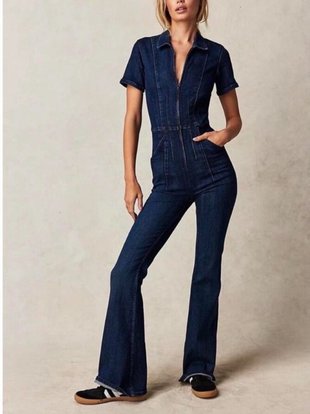 Free People Indigo Denim Flare Jumpsuit